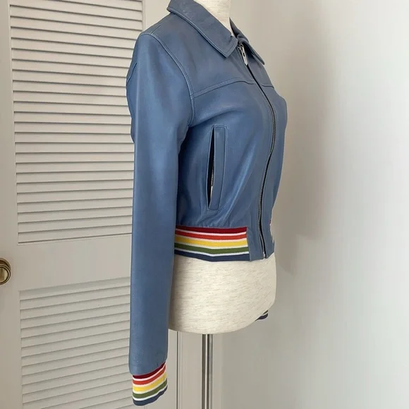 *RARE NWOT Hand Crafted The Mighty Company Blue Ribbed Leather Bomber Jacket XS